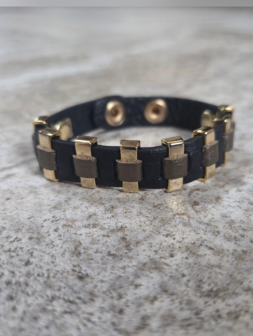 Black and Brown Leather Bracelet with Gold Accents